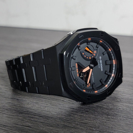 Casioak Mod Watch Black Case Metal Strap Black Time Mark Black Dial 44mm Orange - Casioak Studio