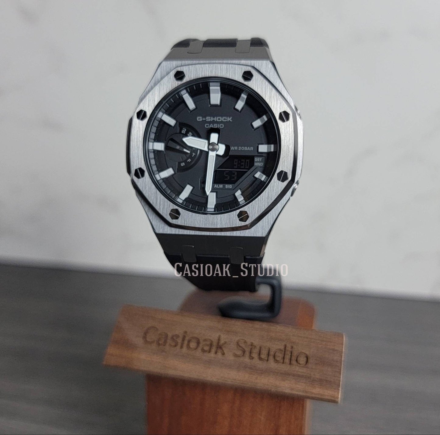 Casioak Mod Watch Gray Case Black Rubber Strap Black Light Gray Time Mark Black Dial 44mm - Casioak Studio