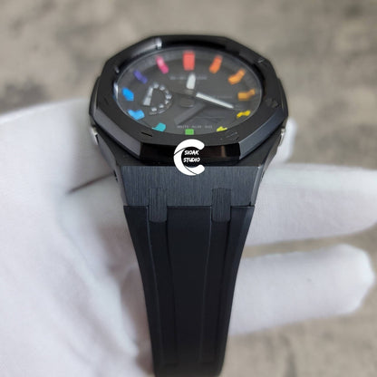 Casioak Mod Watch Black Case Black Rubber Strap Black Rainbow Time Mark Black Dial 44mm - Casioak Studio