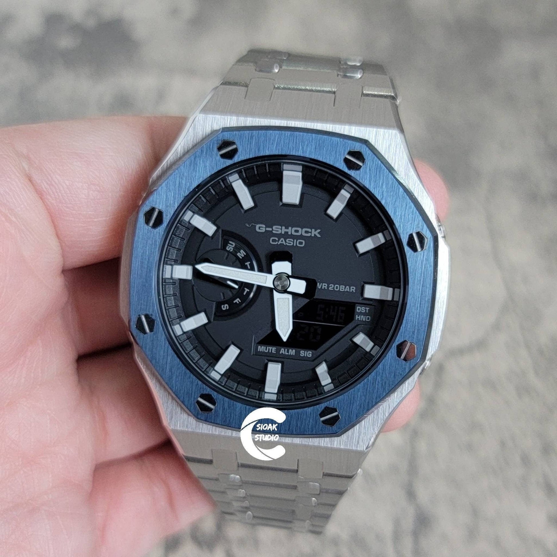 Casioak Mod Watch Blue Silver Case Metal Strap Black White Time Mark Black Dial 44mm - Casioak Studio