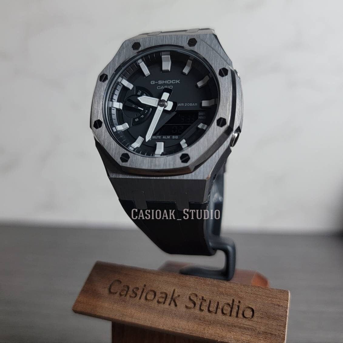 Casioak Mod Watch Gray Case Black Rubber Strap Black Light Gray Time Mark Black Dial 44mm - Casioak Studio