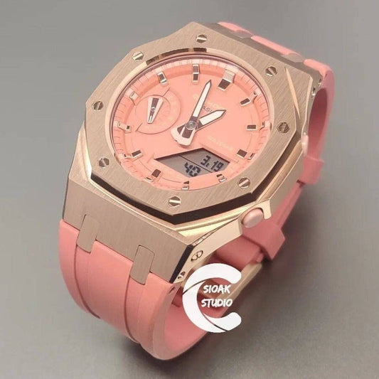 Casioak Mod Watch Rose Gold Case Pink Rubber Strap Pink Rose Gold Time Mark Pink Dial 42mm - Casioak Studio