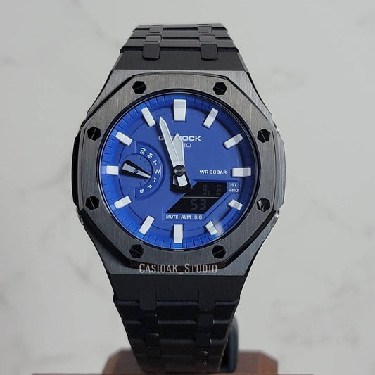 Casioak Mod Watch Black Case Metal Strap Blue White Time Mark Blue Dial 44mm - Casioak Studio