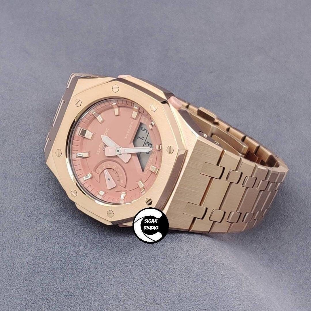 Casioak Mod Watch Rose Gold Case Metal Strap Pink Time Mark Pink Dial 42mm - Casioak Studio