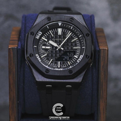 Casioak Mod Watch NEW Offshore Superior Black Case Black Rubber Strap Black Time Mark Black Dial 44mm Sapphire Glass - Casioak Studio
