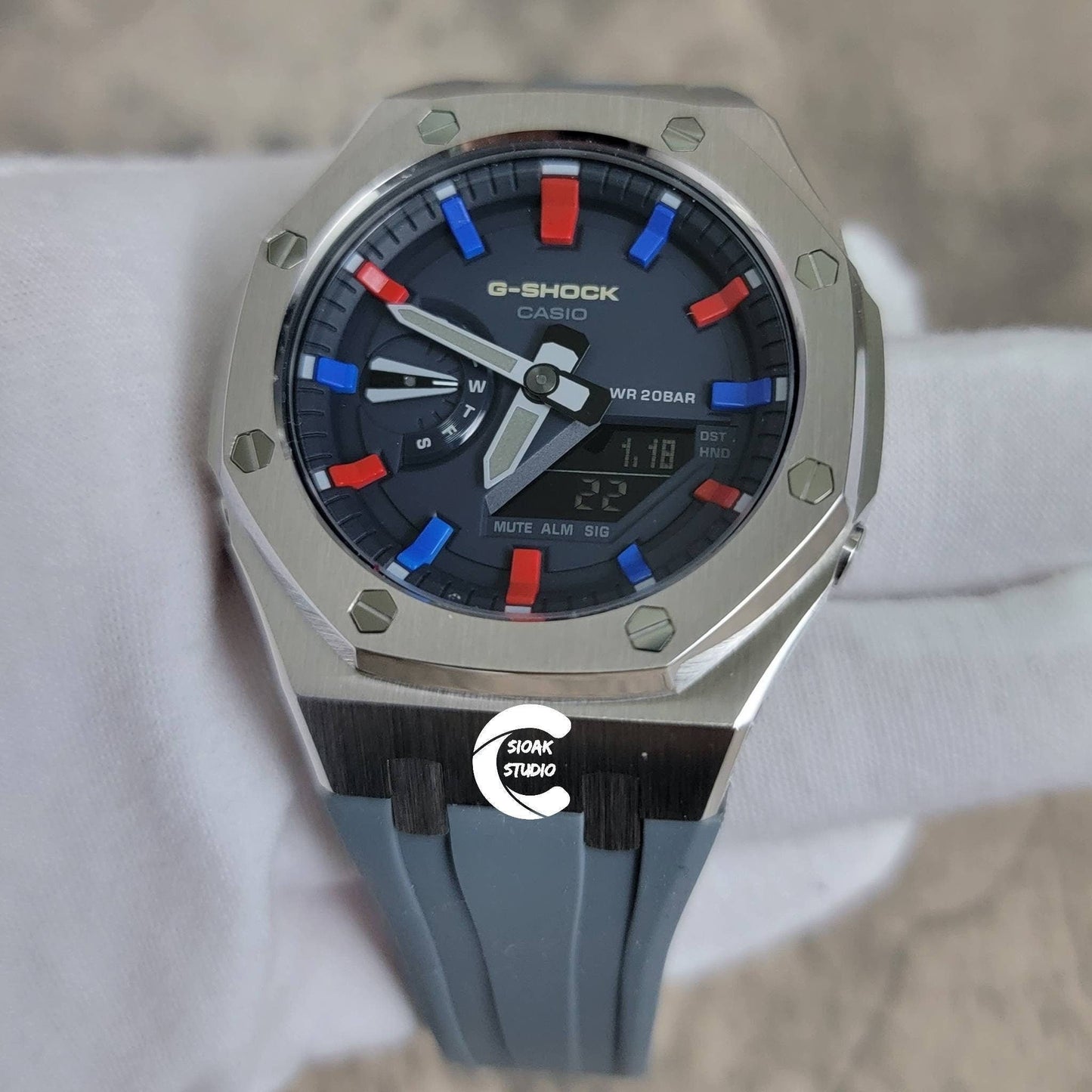 Casioak Mod Watch Silver Case Gray Rubber Strap Blue Red Time Mark Blue Dial 44mm - Casioak Studio