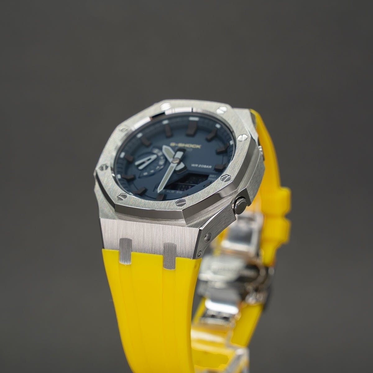 Casioak Mod Watch Silver Case Yellow Rubber Strap Blue Black Time Mark Blue Dial 44mm Gray - Casioak Studio