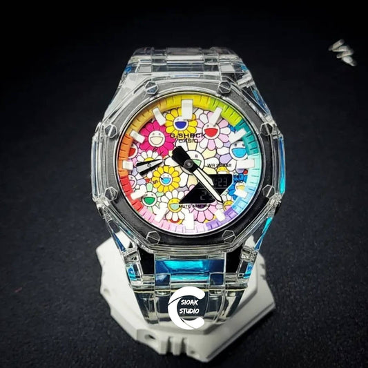 Casioak Mod Watch Transparent Case Strap Rainbow White Time Mark Takashi Murakami Dial 44mm - Casioak Studio