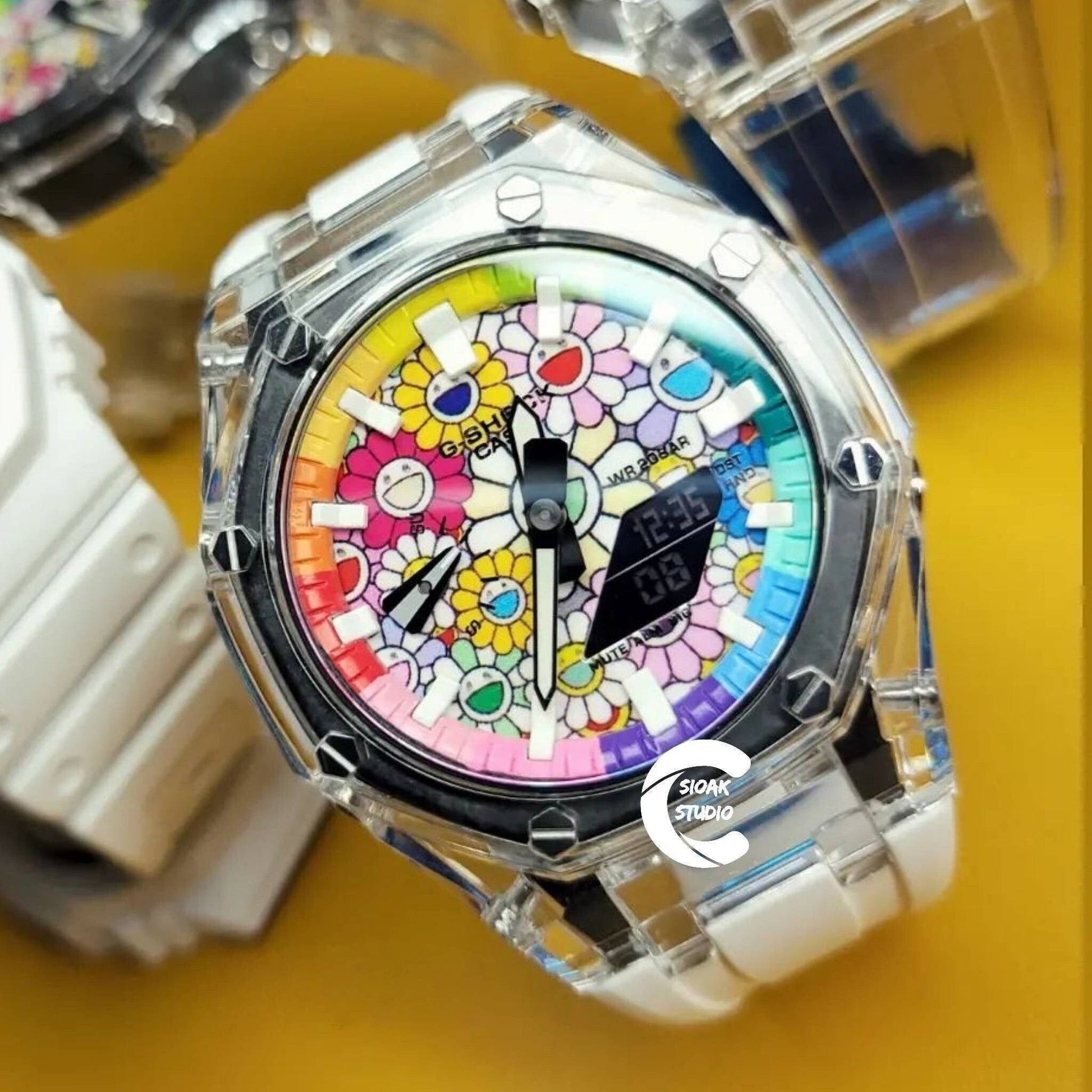 Casioak Mod Watch Transparent Case Strap Rainbow White Time Mark Takashi Murakami Dial 44mm - Casioak Studio