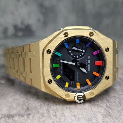 Casioak Mod Watch Gold Case Metal Strap Black Rainbow Time Mark Black Dial 44mm - Casioak Studio