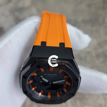 Casioak Mod Watch Black Case Orange Rubber Strap Black  Orange Time Mark Black Dial 44mm - Casioak Studio