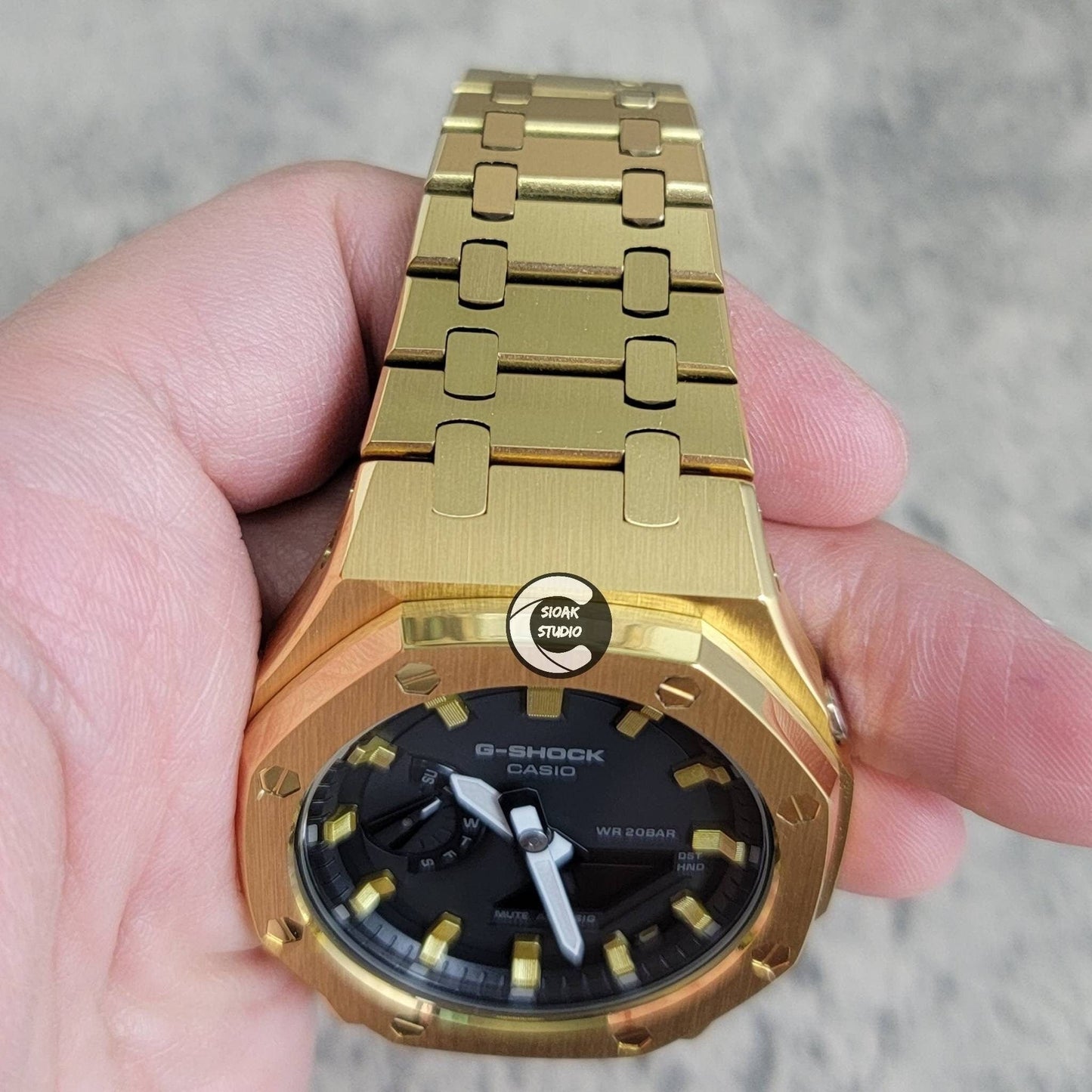 Casioak Mod Watch Gold Case Metal Strap Black Vertical Stripes Gold Time Mark Black Dial 44mm - Casioak Studio