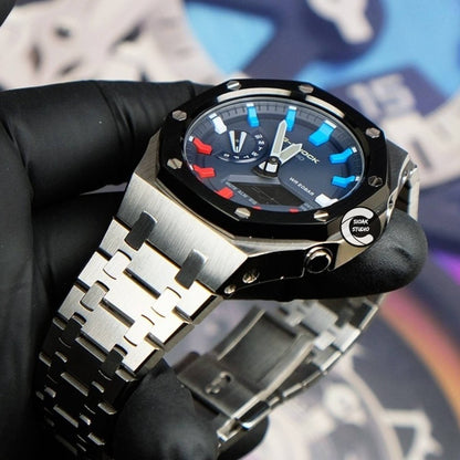 Casioak Mod Watch Black Silver Case Metal Strap Blue Rainbow Time Mark Blue Dial 44mm - Casioak Studio