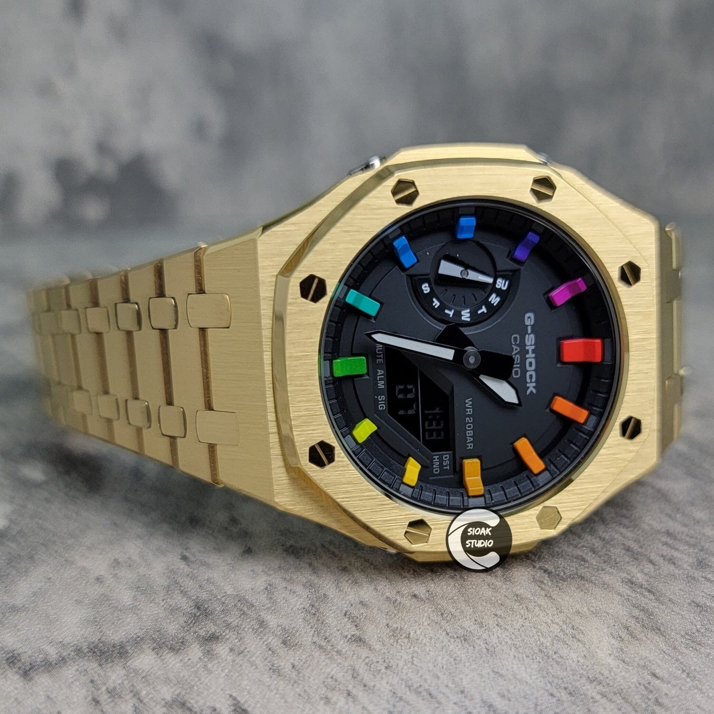 Casioak Mod Watch Gold Case Metal Strap Black Rainbow Time Mark Black Dial 44mm - Casioak Studio