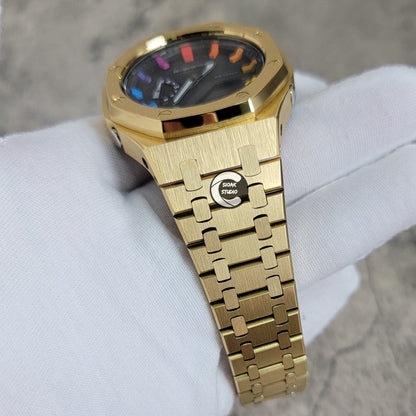 Casioak Mod Watch Gold Case Metal Strap Black Rainbow Time Mark Black Dial 44mm - Casioak Studio