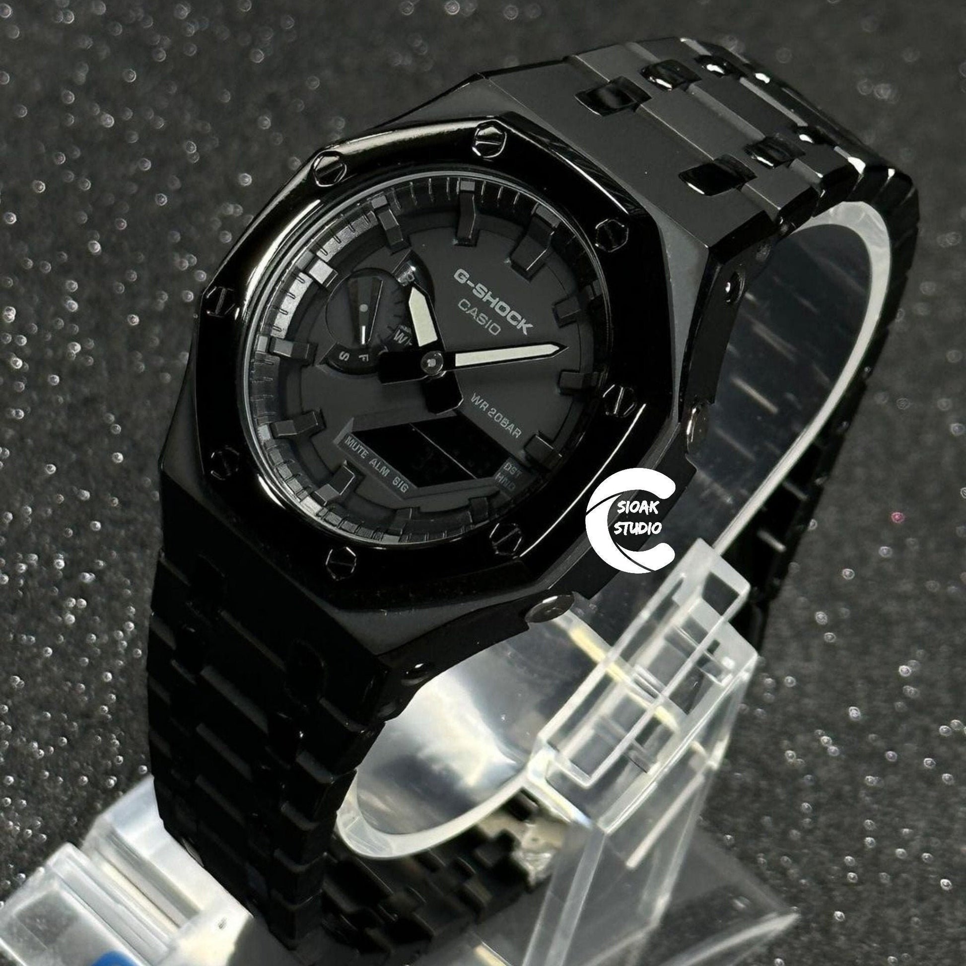 Casioak Mod Watch Polished Black Case Metal Strap Black Time Mark Black Dial 44mm - Casioak Studio