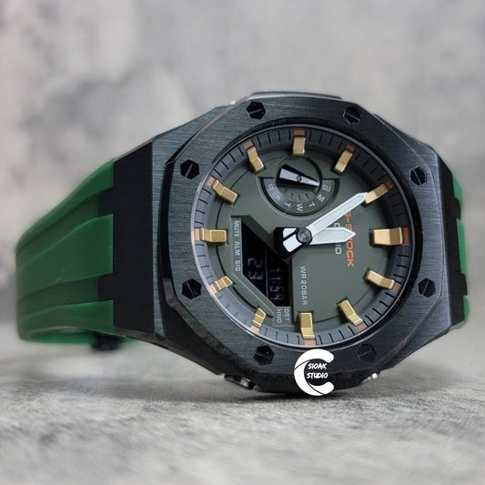 Casioak Mod Watch Black Case Green Rubber Strap Black Gold Time Mark Olove Dial 44mm - Casioak Studio