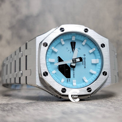 Casioak Mod Watch Silver Case Metal Strap Tiffany White Time Mark Tiffany Blue Dial 44mm - Casioak Studio