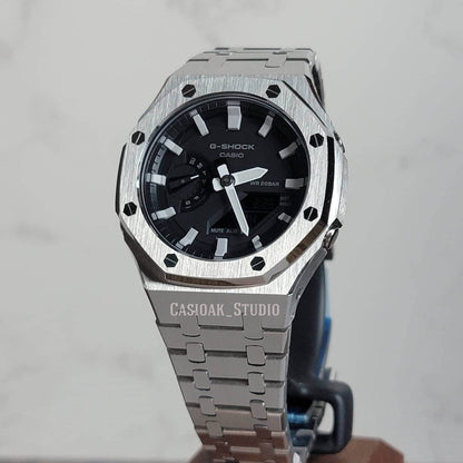 Casioak Mod Watch Silver Case Metal Strap Black Light Gray Time Mark Black Dial 44mm - Casioak Studio