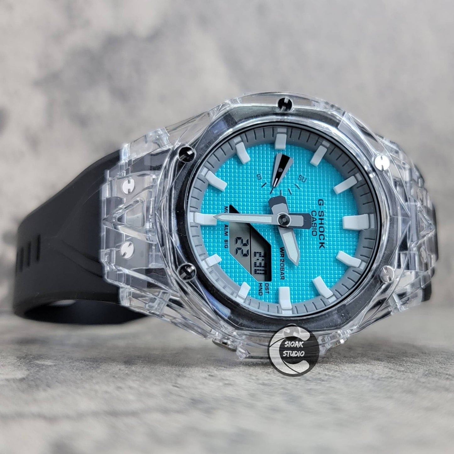 Casioak Mod Watch Transparent Case Black Strap Gray White Time Mark Tiffany Blue Dial 44mm - Casioak Studio
