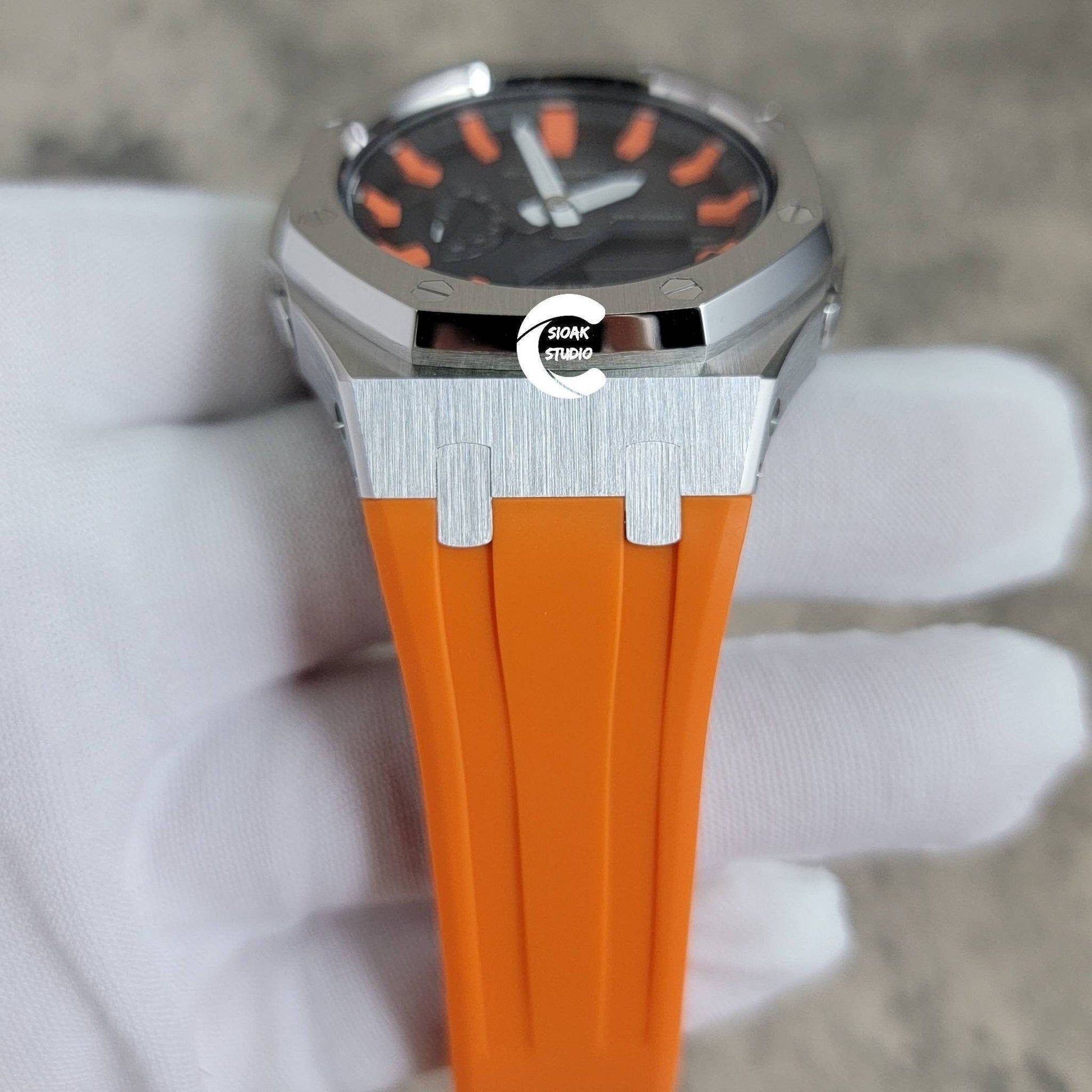 Casioak Mod Watch Silver Case Orange Rubber Strap Black Orange Time Mark Black Dial 44mm - Casioak Studio