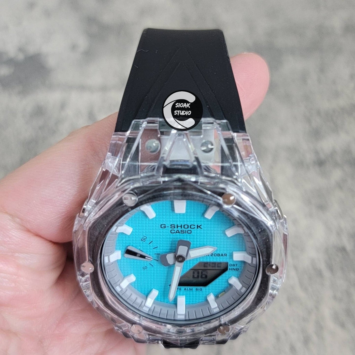 Casioak Mod Watch Transparent Case Black Strap Gray White Time Mark Tiffany Blue Dial 44mm - Casioak Studio
