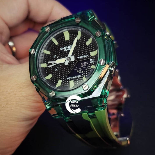 Casioak Mod Watch Transparent Green Case Green Strap Black Luminous Time Mark Black Dial 44mm - Casioak Studio