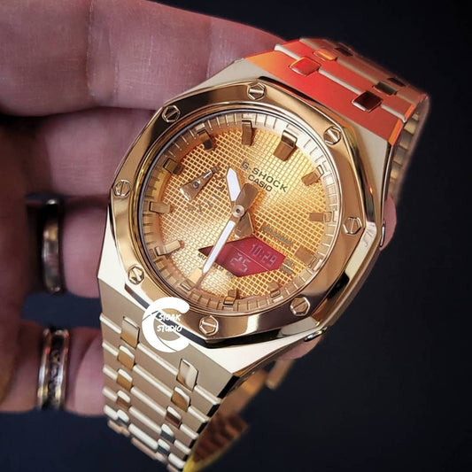 Casioak Mod Watch Polished Gold Case Metal Strap Gold Time Mark Gold Dial 44mm - Casioak Studio