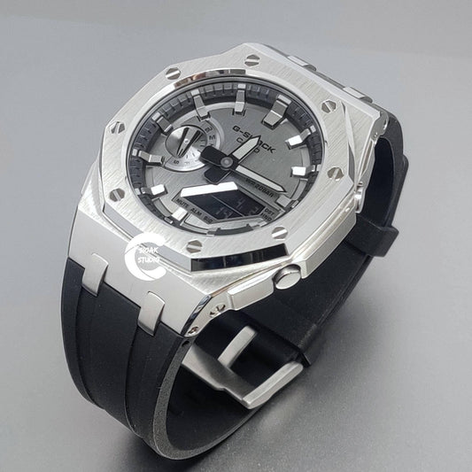 Casioak Mod Watch Offshore Superior Silver Case Black Rubber Strap Black Gray Time Mark Gray Dial 44mm - Casioak Studio