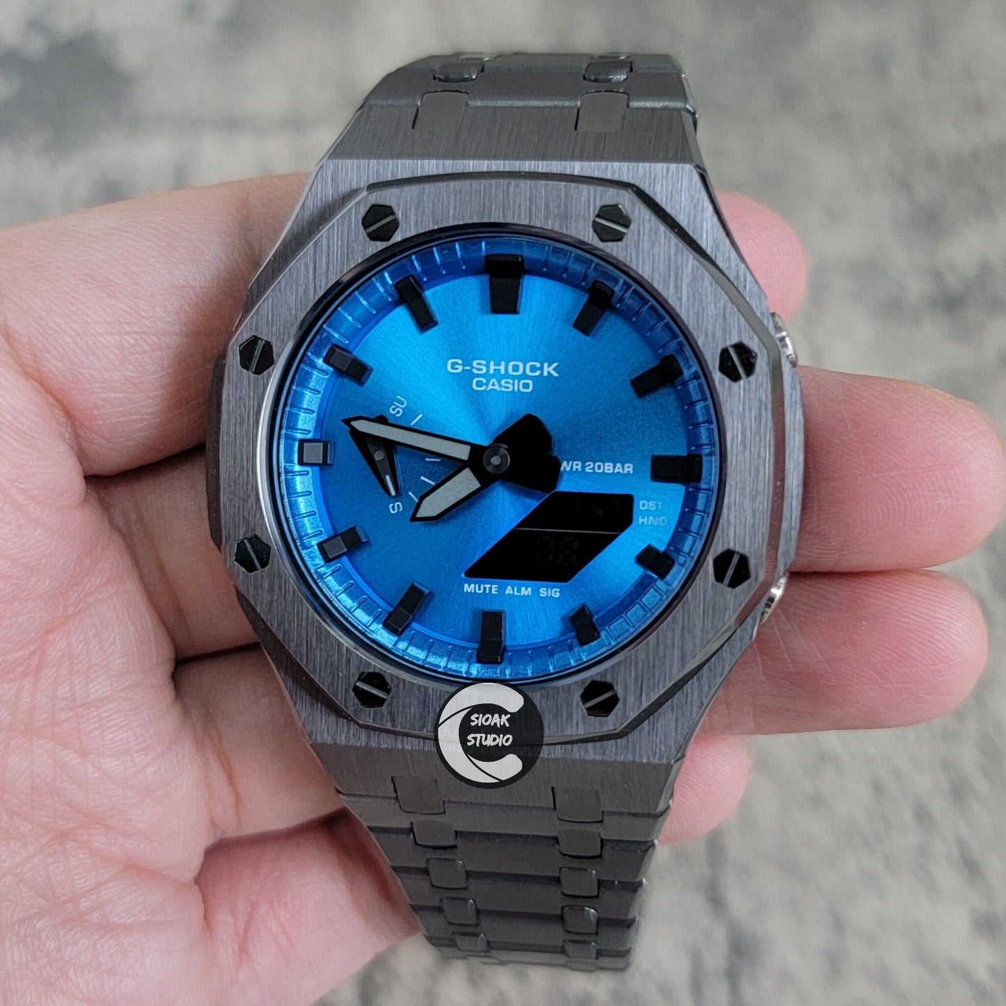 Casioak Mod Watch Grey Case Metal Strap Blue Black Time Mark Metallic Blue Dial 44mm - Casioak Studio