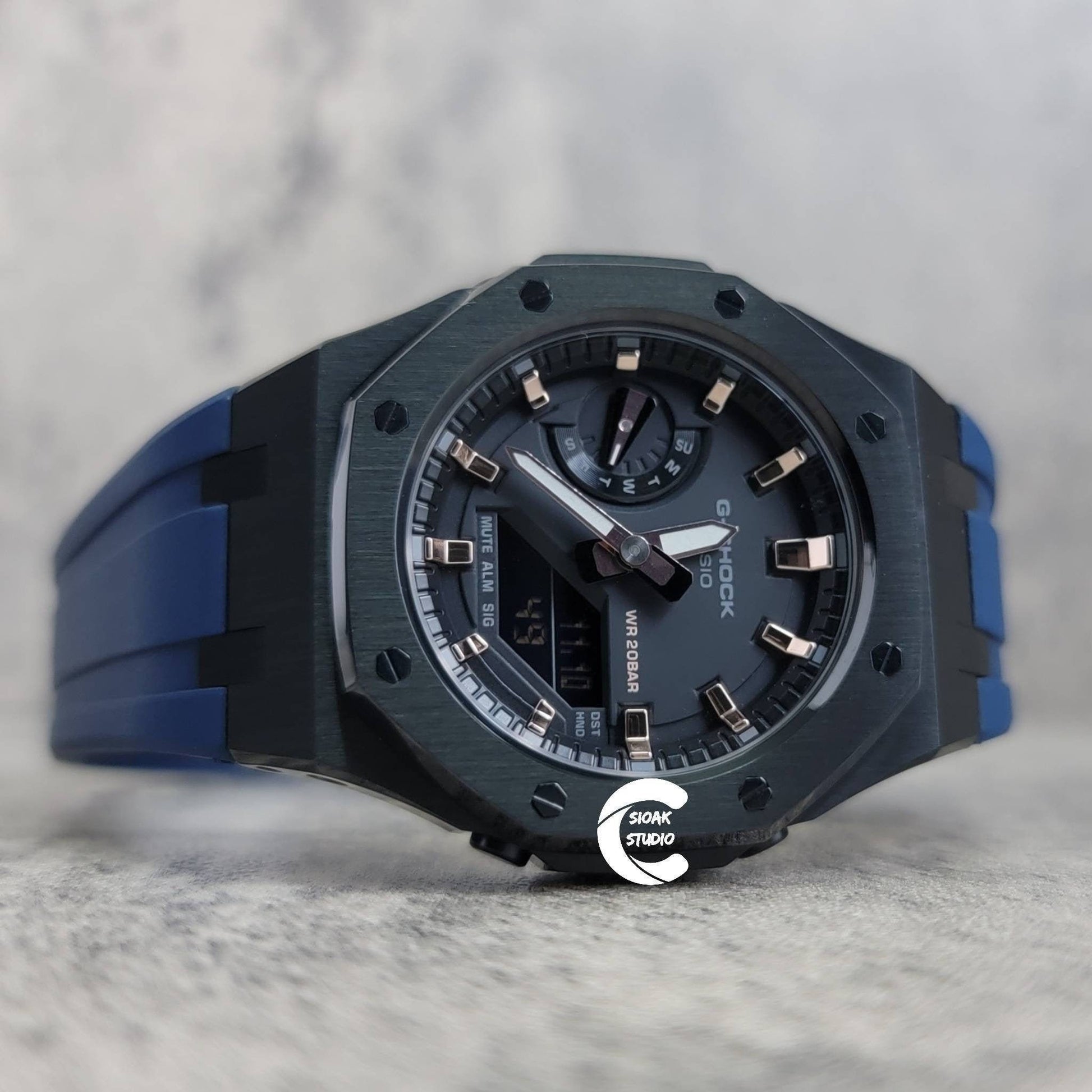 Casioak Mod Watch Black Case Blue Rubber Strap Black Rose Gold Time Mark Black Dial 44mm - Casioak Studio