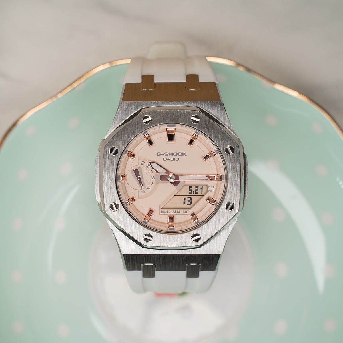 Casioak Mod Watch Silver Case White Rubber Strap Beige Rose Gold Time Mark Beige Dial 42mm - Casioak Studio