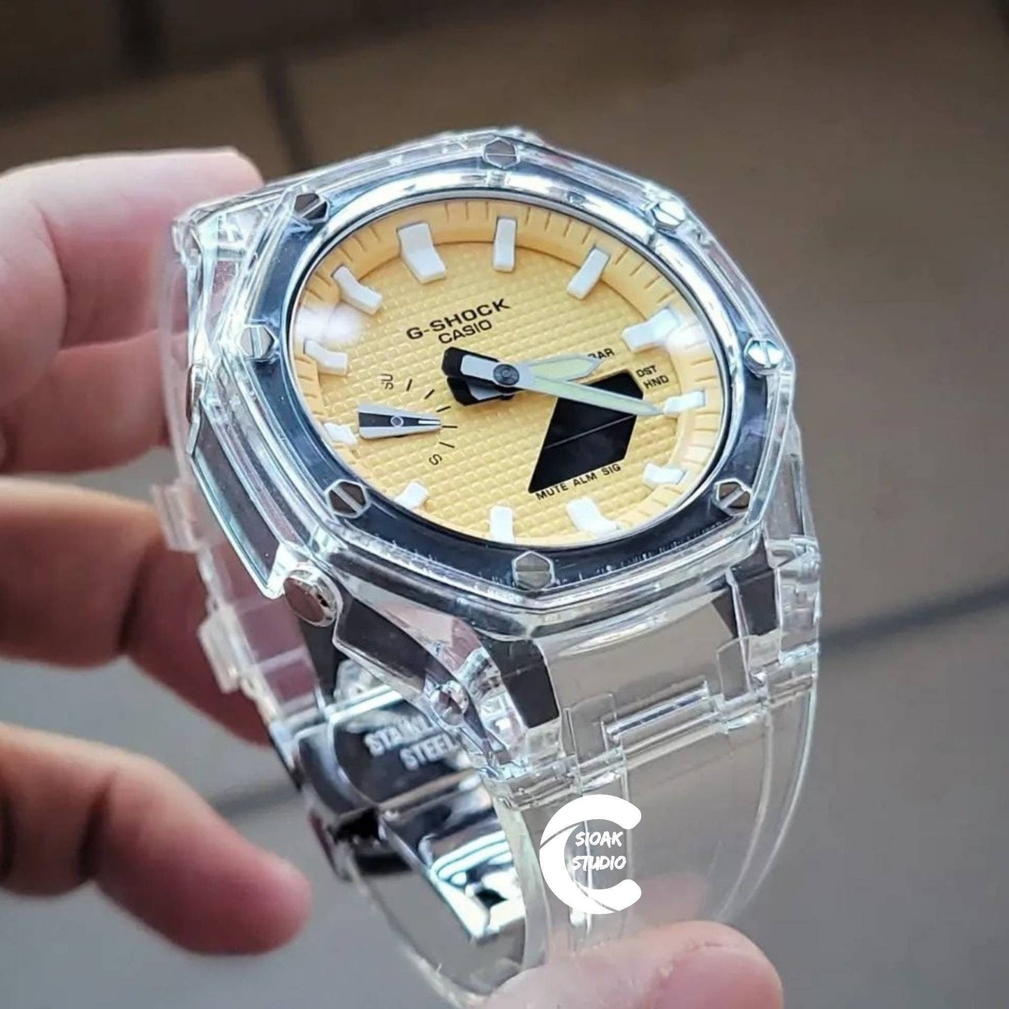 Casioak Mod Watch Transparent Case Strap Yellow White Time Mark Yellow Dial 44mm - Casioak Studio