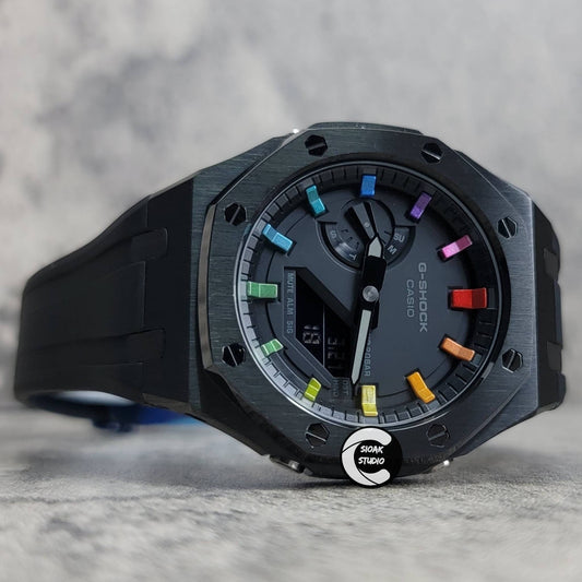 Casioak Mod Watch Black Case Black Rubber Strap Black  Rainbow Time Mark Black Dial 44mm - Casioak Studio