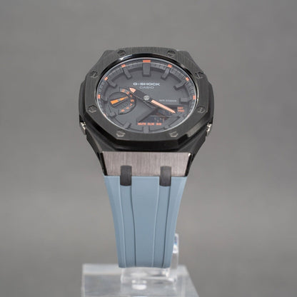 Casioak Mod Watch Gray Case Gray Rubber Strap Black Time Mark Black Dial 44mm Orange - Casioak Studio