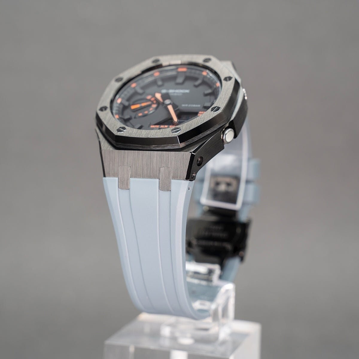 Casioak Mod Watch Gray Case Gray Rubber Strap Black Time Mark Black Dial 44mm Orange - Casioak Studio