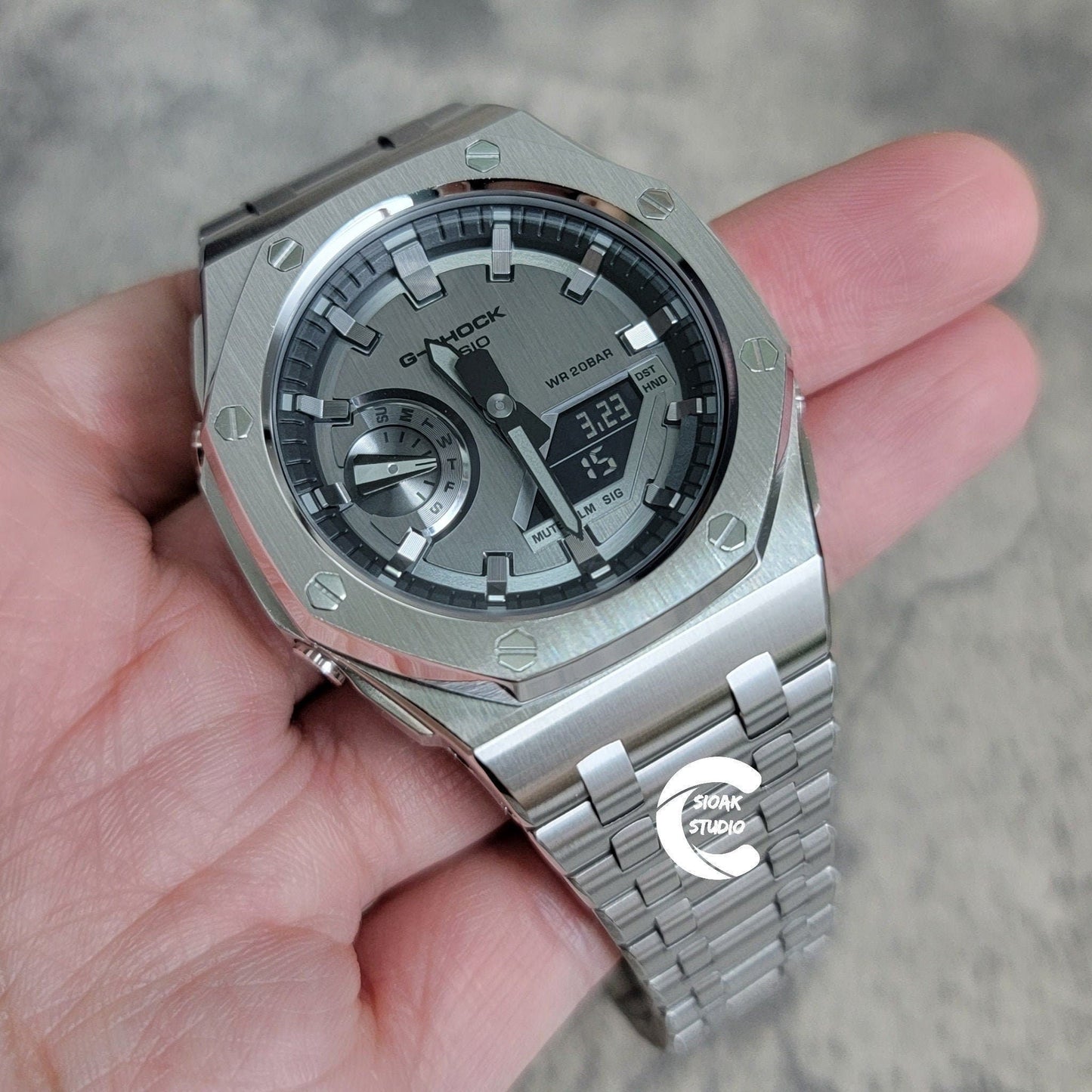 Casioak Mod Watch Offshore Superior Silver Case Metal Strap Black Gray Time Mark Gray Dial 44mm - Casioak Studio