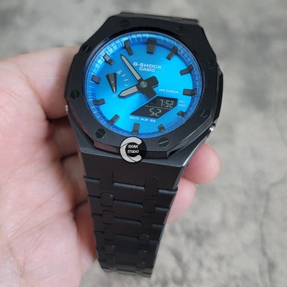 Casioak Mod Watch Black Case Metal Strap Blue Black Time Mark Metallic Blue Dial 44mm - Casioak Studio