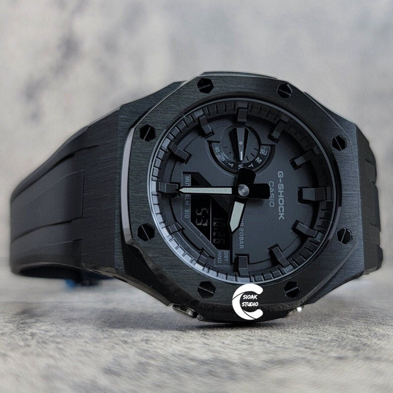 Casioak Mod Watch Black Case Black Rubber Strap Black Time Mark Black Dial 44mm - Casioak Studio