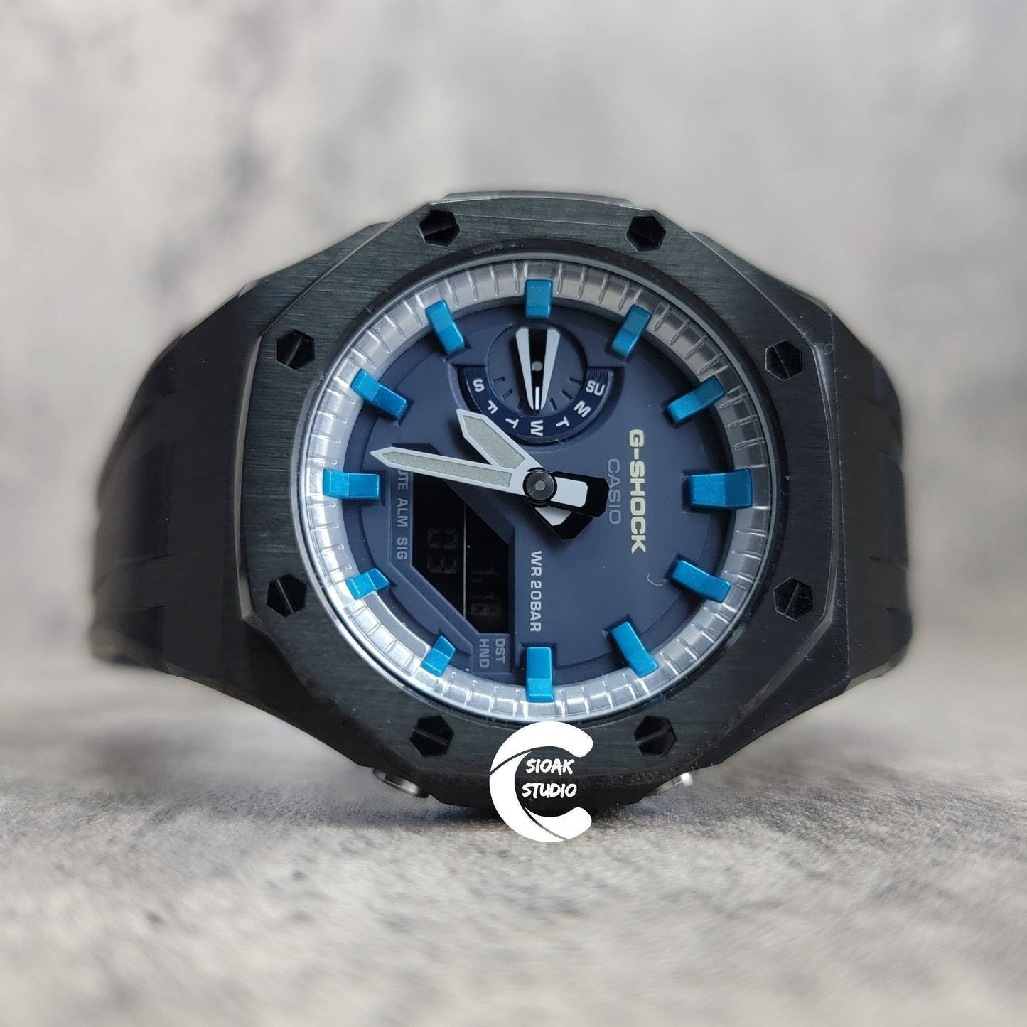 Casioak Mod Watch Black Case Black Rubber Strap Silver Blue Time Mark Blue Dial 44mm - Casioak Studio