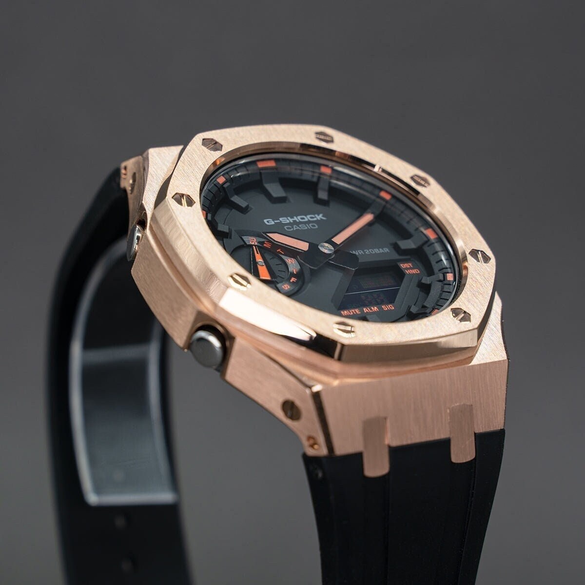 Casioak Mod Watch Rose Gold Case Black Rubber Strap Black Time Mark Balck Dial 44mm Orange - Casioak Studio