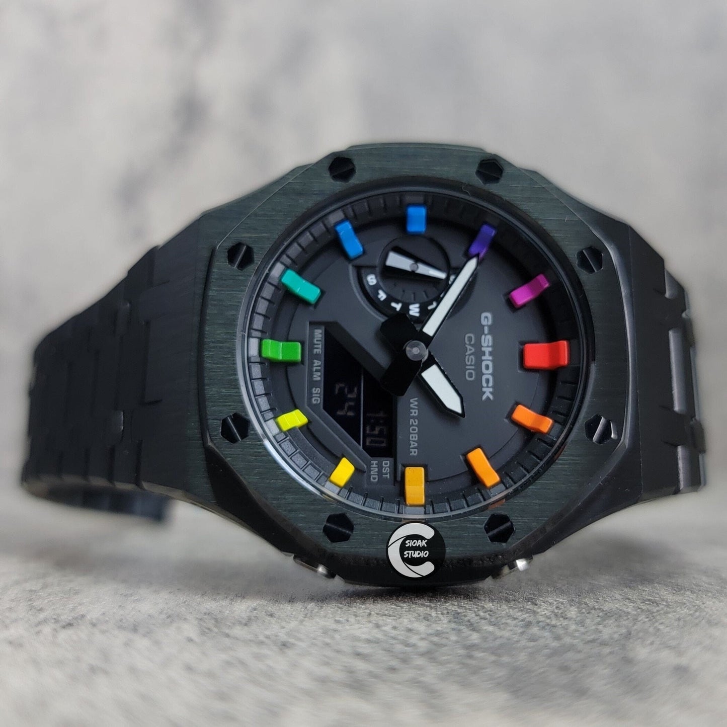 Casioak Mod Watch Black Case Metal Strap Black Rainbow Time Mark Black Dial 44mm - Casioak Studio