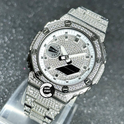 Casioak Mod Watch Diamond Silver Case Metal Strap White Silver Time Mark Diamond Dial 44mm - Casioak Studio