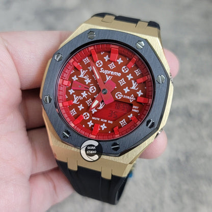 Casioak Mod Watch Black Gold Case Black Rubber Strap Red Time Mark Red Dial 44mm - Casioak Studio