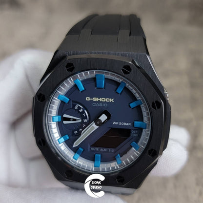 Casioak Mod Watch Black Case Black Rubber Strap Silver Blue Time Mark Blue Dial 44mm - Casioak Studio