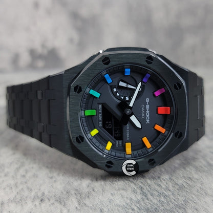 Casioak Mod Watch Black Case Metal Strap Black Rainbow Time Mark Black Dial 44mm - Casioak Studio