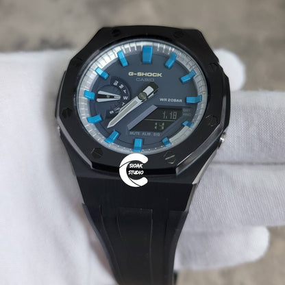 Casioak Mod Watch Black Case Black Rubber Strap Silver Blue Time Mark Blue Dial 44mm - Casioak Studio