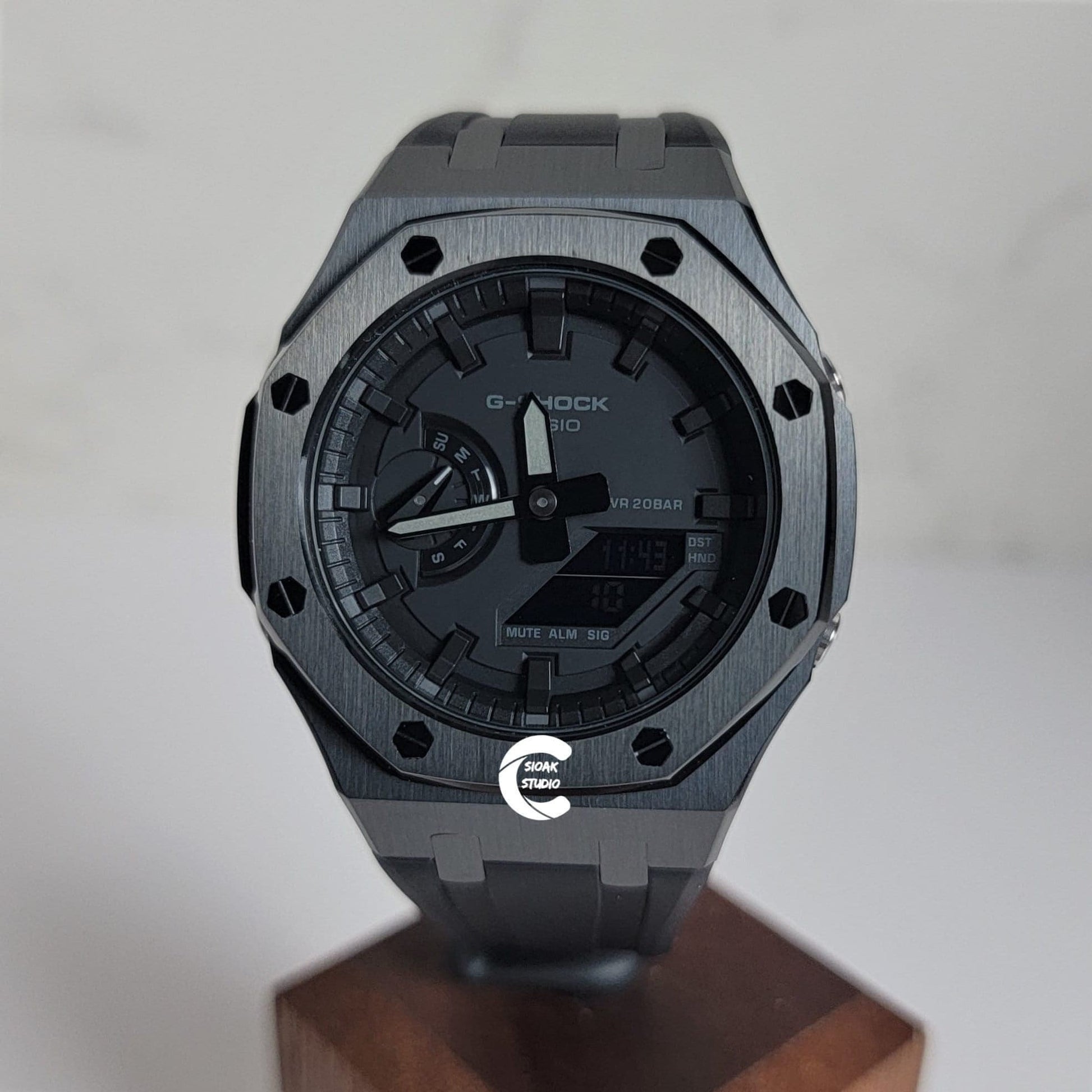 Casioak Mod Watch Black Case Black Rubber Strap Black Time Mark Black Dial 44mm - Casioak Studio