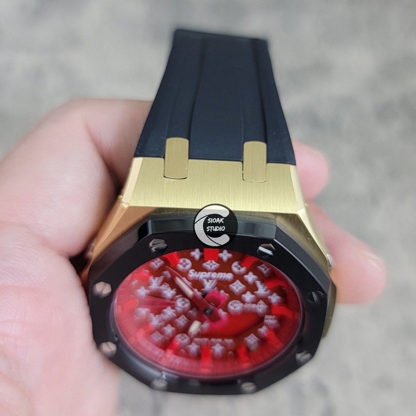 Casioak Mod Watch Black Gold Case Black Rubber Strap Red Time Mark Red Dial 44mm - Casioak Studio