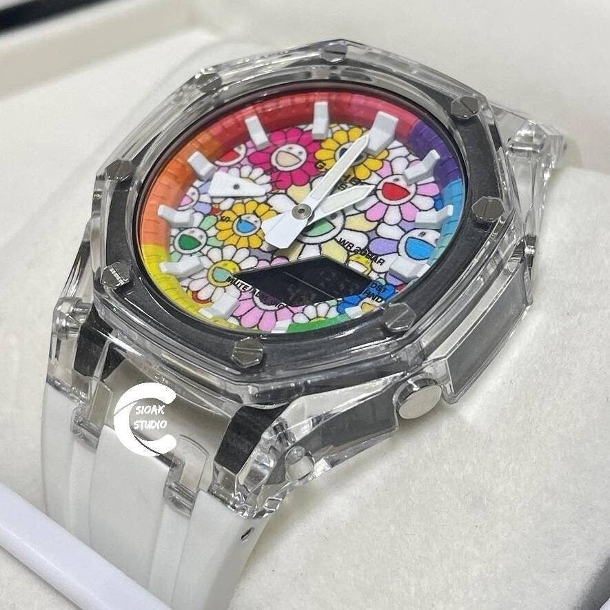 Casioak Mod Watch Transparent Case White Strap Rainbow White Time Mark Takashi Murakami Dial 44mm - Casioak Studio